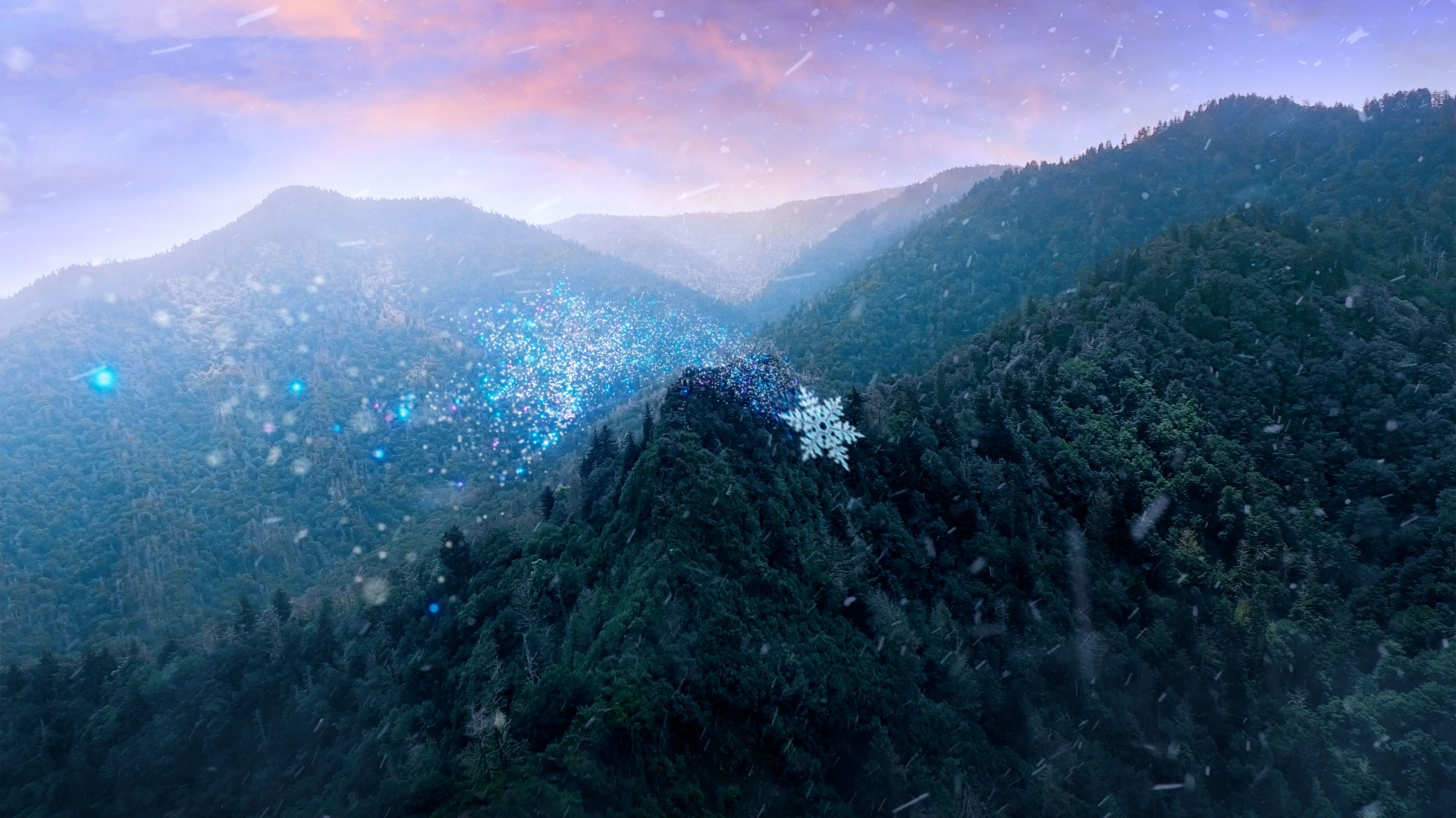 Snowflake flying through Great Smoky Mountains